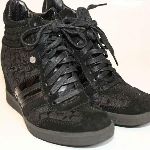 Coach Designer Alara 6.5 M Black Suede Signature Logo Wedge Sneakers - Picture 2 of 10